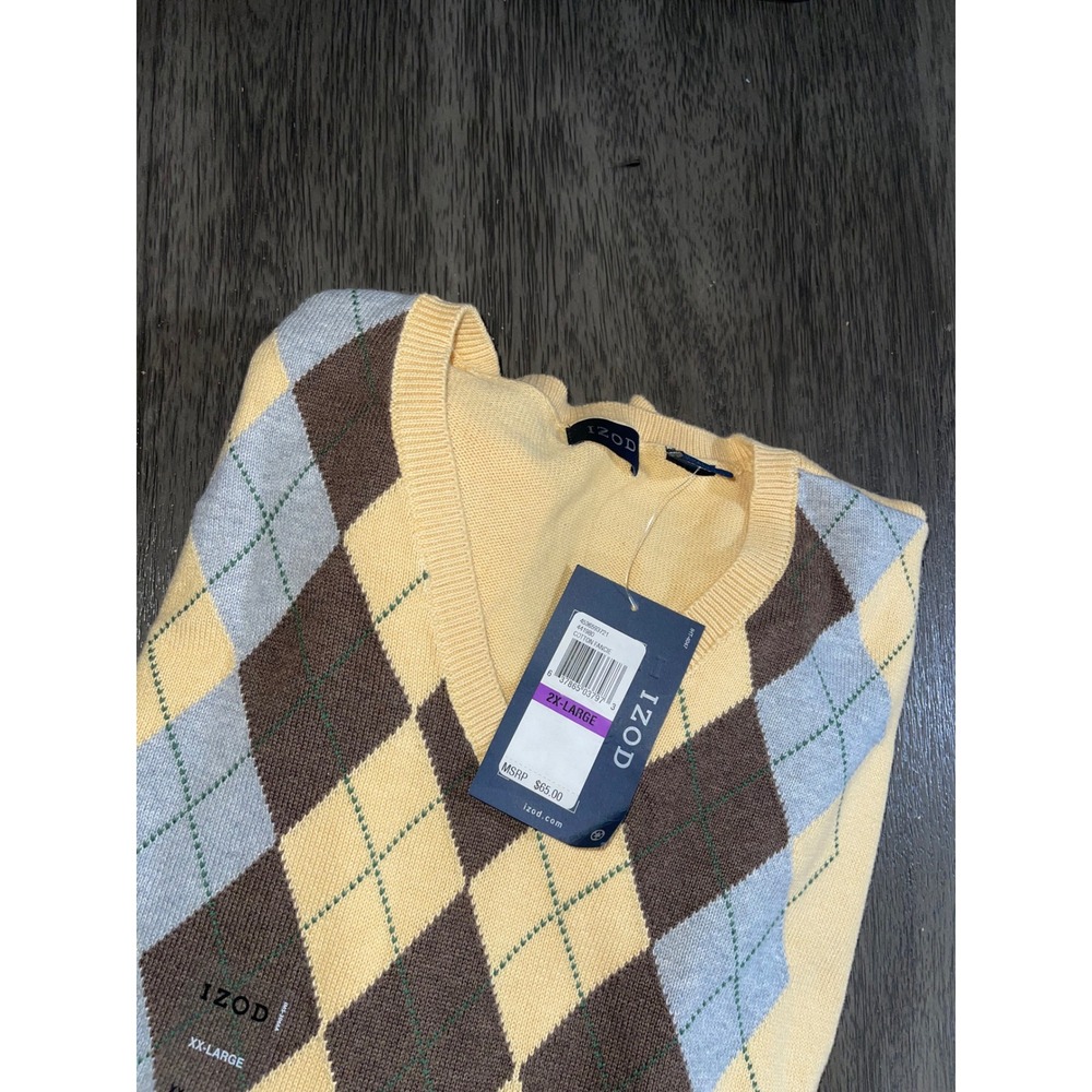 IZOD Mens Argyle V-Neck Sweater Yellow Brown Blue‎ Cotton XXL 2X-Large NWT